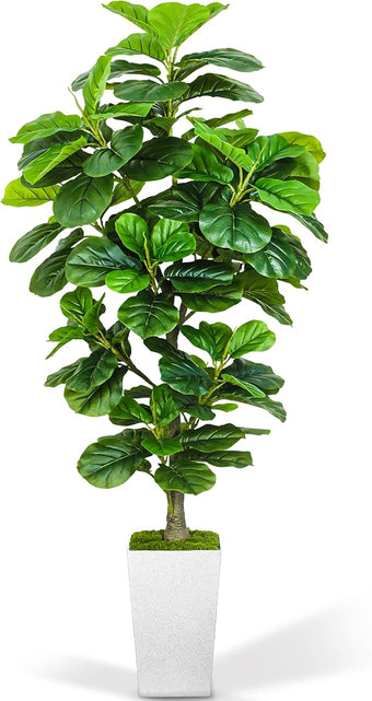 KOPWVA Artificial Fiddle Leaf Fig Tree 6ft, 6 Feet Large Tall Fake Plants Indoor with Modern Style Planter, Artificial Silk Tree for Home Office Living Room Decor Indoor, More Lifelike & Lush (White)