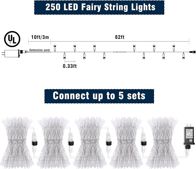 82ft 250 LED Christmas Lights Outdoor Warm White String Lights 8 Modes Clear Wire, Connectable Twinkle Fairy Light Plug in for Indoor Bedroom Wedding Tree Decorations