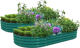 2 Pack 8x4x1FT Galvanized Raised Garden Bed Kit Oval Metal Ground Planter Box Outdoor Bottomless Planter Raised Beds for Vegetables Flowers Herbs Fruits, Green