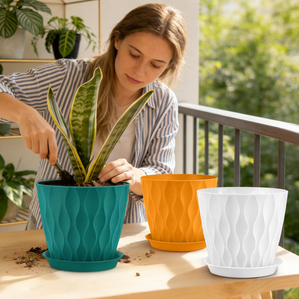 YNNICO 8 inch Plant Pots, 4 Pack Flower Pots Outdoor Indoor, Planters with Drainage Hole and Tray Saucer-Multicolor
