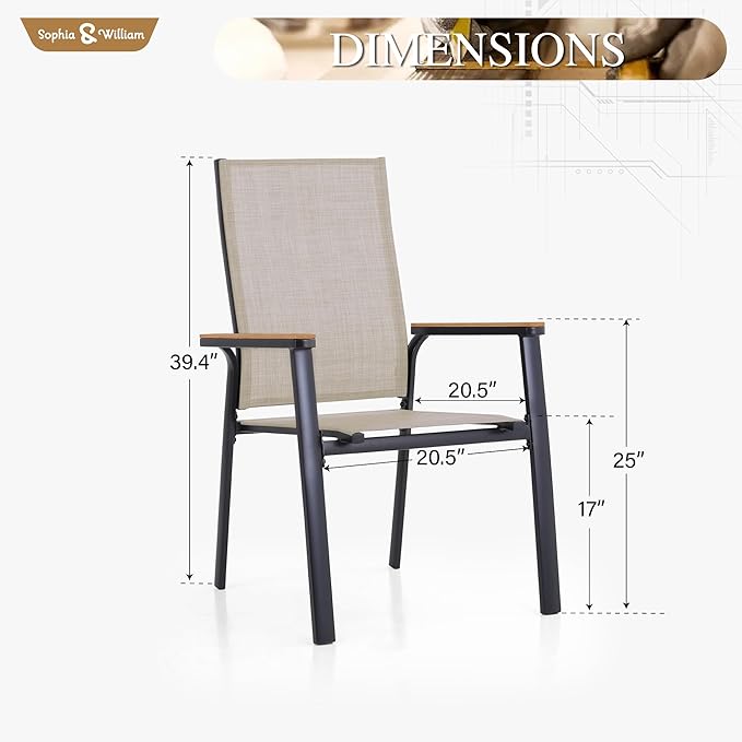 Sophia & William Patio Chairs Set of 4, Lightweight Aluminium Frame and Breathable Textilene Fabric, Stackable Outdoor Dining Chairs - Beige