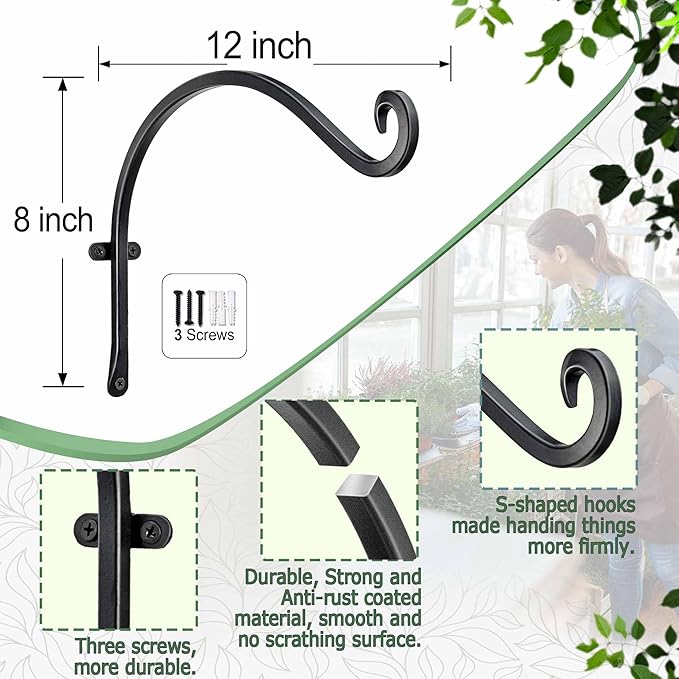 Lifyzoon Hanging Plant Brackets Outdoor - 4 Pack 12-Inch Hanging Bird Feeder Hangers, Black Metal Outdoor Wall Hooks for Heavy Plants, Birdhouse, Wind Chimes