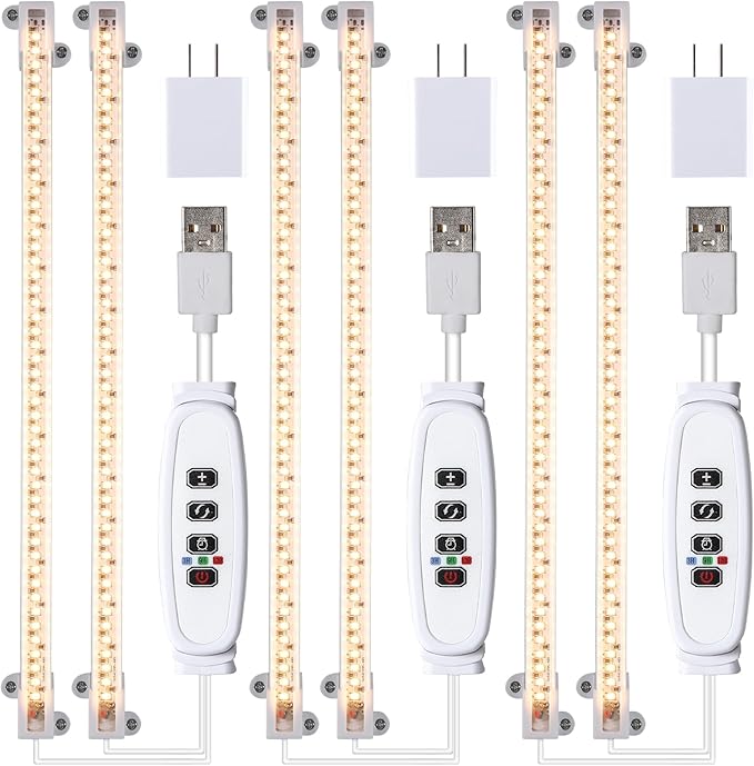 13 Inches Strip Growing Lamp for Indoor Plants, 3500K Full Spectrum LED Grow Light Strips with Auto ON/Off, 3/9/12H Timer & 10 Dimmable Levels for Green House Succulent (2 Head×3 Pack)