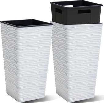 Worth Garden 2-Pack 22" H. White Square Tapered Planter with Inside Pots - Plastic Plant Pots for Indoor Outdoor - Modern Wavy Finish Decorative Flower Pots for Front Porch Containers Patio Deck