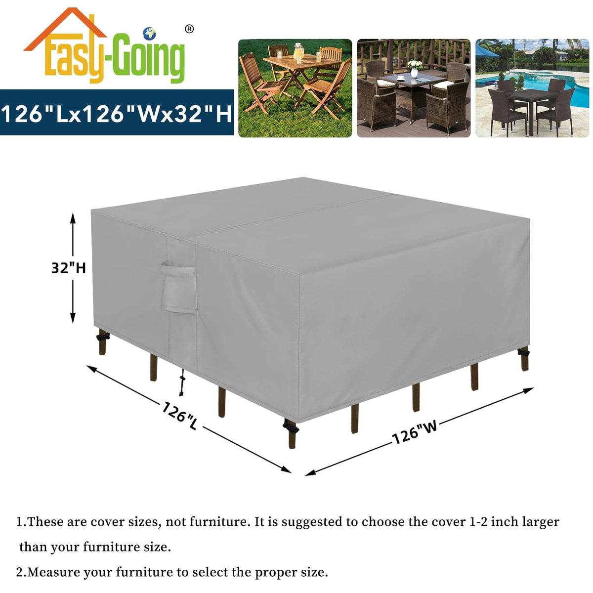 Easy-Going Square Patio Furniture Cover Waterproof Outdoor Dining Table and Chair Cover Anti-UV Outside Sectional Sofa Set Covers (126"L x 126"W x 32"H, Grey)