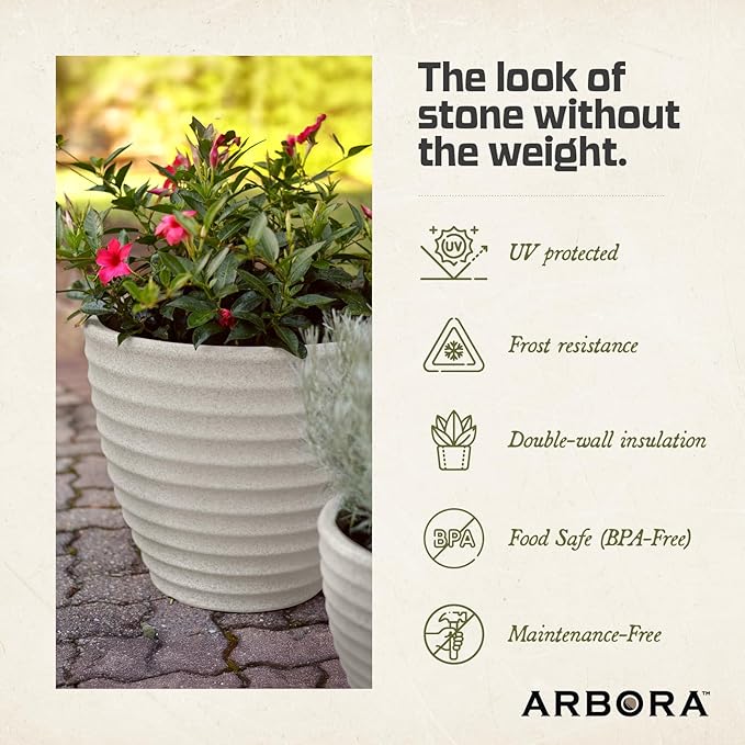 ARBORA 16" Ibiza Polyresin Indoor and Outdoor Planter with Classic Cream Finish - Durable, Weatherproof, Lightweight, Large Plant Pot for Patio, Garden, Deck, Entryway - 2 Pack