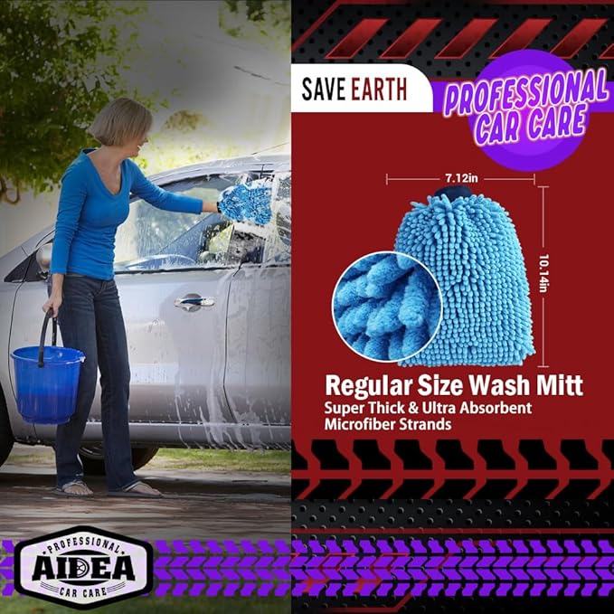 AIDEA Car Wash Mitt Microfiber-2PK, Scratch-Free& Lint-Free, Premium Chenille Microfiber Wash Mitt-Blue Regular Size (7.12''X10.14'')