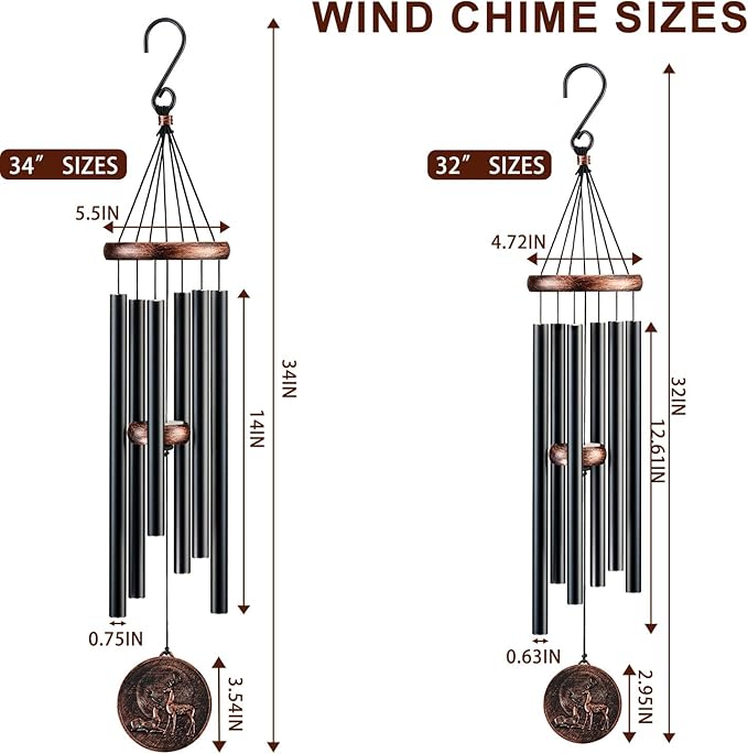 Gabzart Wind Chimes for Outside, Vintage Deer Deep Tone Wind Chime Outdoor Clearance, Patio Porch Balcony Decoration, Garden Hanging Decor for Women Mom Grandma (32" Deer)