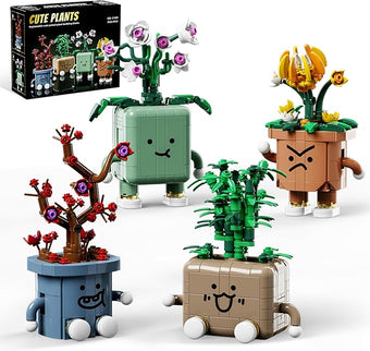 BeepZipp 4-Pot Interchangeable Botanicals Building Kit - Creative Spinning Plant Building Toys with DIY Faces, Mini Desk Decor & Fun Gift for Teens Adults (Orchid, Bamboo, Plum, Chrysanthemum)