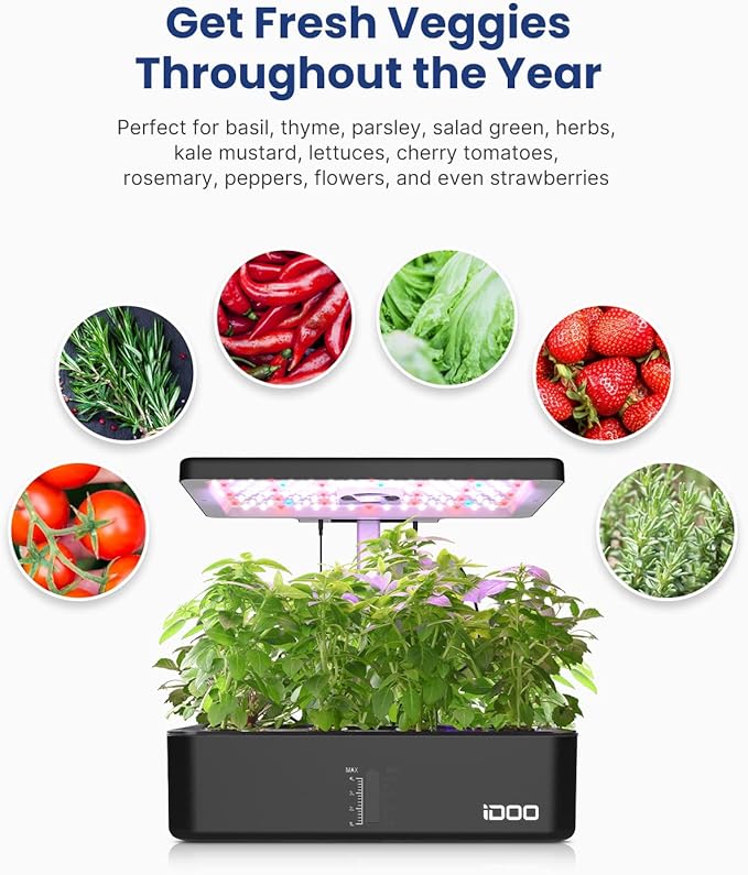 iDOO Hydroponics Growing System Kit 12Pods, Indoor Herb Garden System, with LED Grow Light, Built-in Fan, Auto-Timer, Adjustable Height Up to 11.3", for Home School, for Women Mom