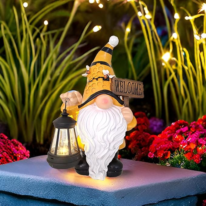 Maikall Rish Gnome Garden Statues with Solar Lights Outdoor Gnomes Sculpture Yard Patio Decor for Lawn Ornaments Gardening Gifts（Bee Gnome