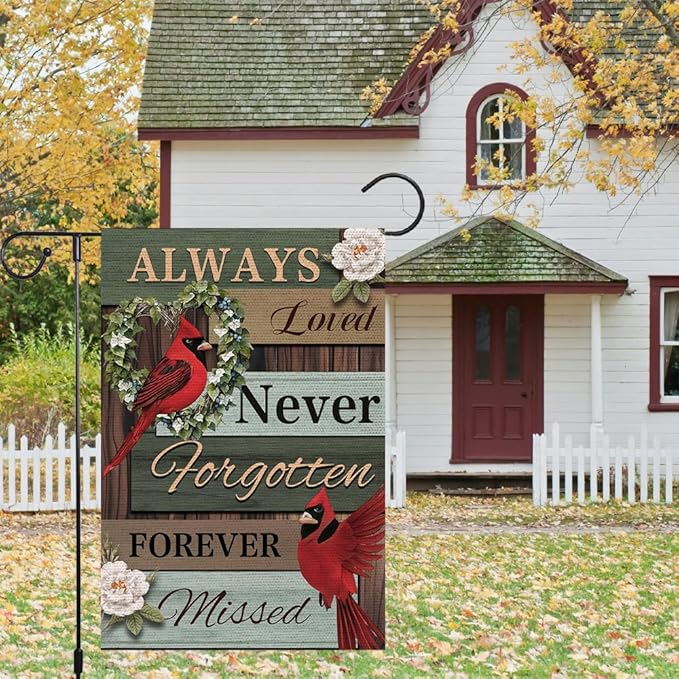 Cardinal Memorial Garden Flag 12x18 Inch Double Sided Outside, Always Loved Never Forgotten Memorial Day Gravesite Saying Yard Outdoor Decoration