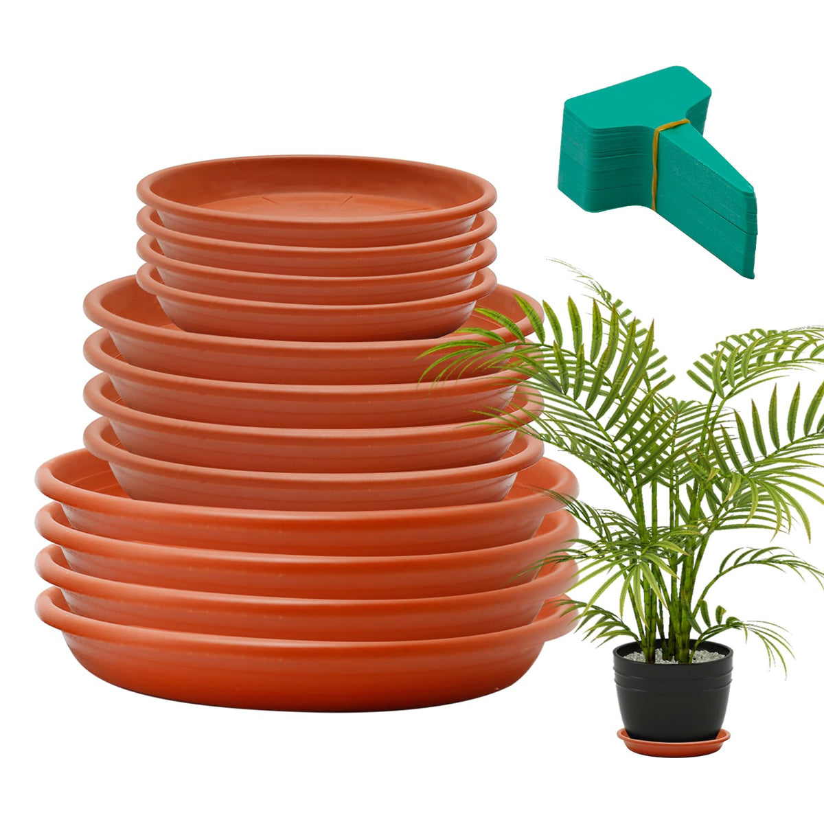 MDEOOSKY 12Pack Plastic Plant Saucer, 6" 8" 10" Round Plant Trays, Flower Plant Pot Saucer, Terracotta Drip Trays for Indoor Outdoor Flower Pots and Planters with 20pcs Green Plant Labels