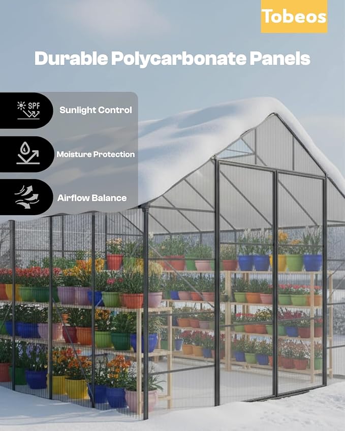 8×10 FT Walk-in Greenhouse Polycarbonate Greenhouse for Outdoors, Heavy Duty Backyard Garden Greenhouse with Aluminum Frame, Clear Panels, Adjustable Roof Vent, Rain Gutter System