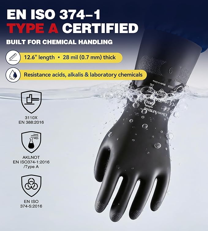 2 Pairs Heavy-Duty Chemical Resistant Rubber Gloves, Protective Industrial Gloves for Cleaning, Dishwashing, Resist Acid, Alkali, Hazmat, Black, Large