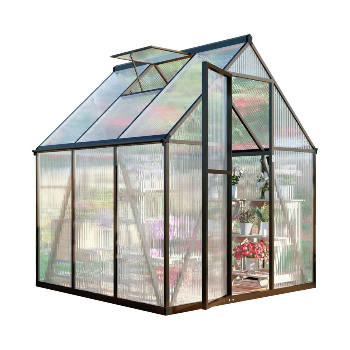 FLY BY YAN 6x6FT Outdoor Greenhouse with Roof Vent, Charcoal Black