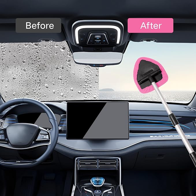 11pcs Windshield Cleaner Tool, Car Window Cleaning Wash Kit with 6 Reusable Microfiber Pads 2 Spray Bottles and Extendable Handles Auto Glass Wiper Kit, Pink