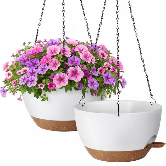 TYMENSH Hanging Plant Pots 12 Inch Set of 2, Self Watering Hanging Planters with Drainage Holes, Removable Saucer, Durable Plastic Flower Pots with Chains for Indoor Outdoor Plants, White