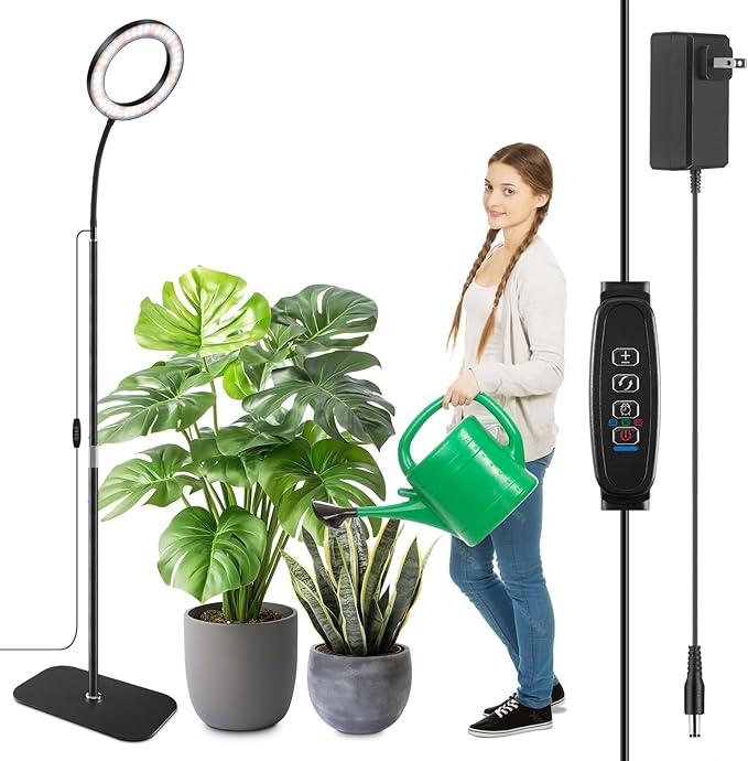 SDOVUERC Full Spectrum Grow Light with Stand for Indoor Plants, Floor Plant Light, 3/9/12H Timer, 3 Color Modes, Adjustable Height 16.5–67in, for Large Plants & Home Décor(1 Head)