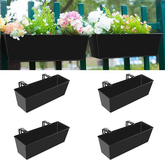 Railing Planter for Outdoor Plants 16 Inch Metal Rectangular Window Boxes with Adjustable Brackets and Drainage Hanging Flower Pots for Balcony Deck Railings Apartment Patio Decor Black(4PCS)