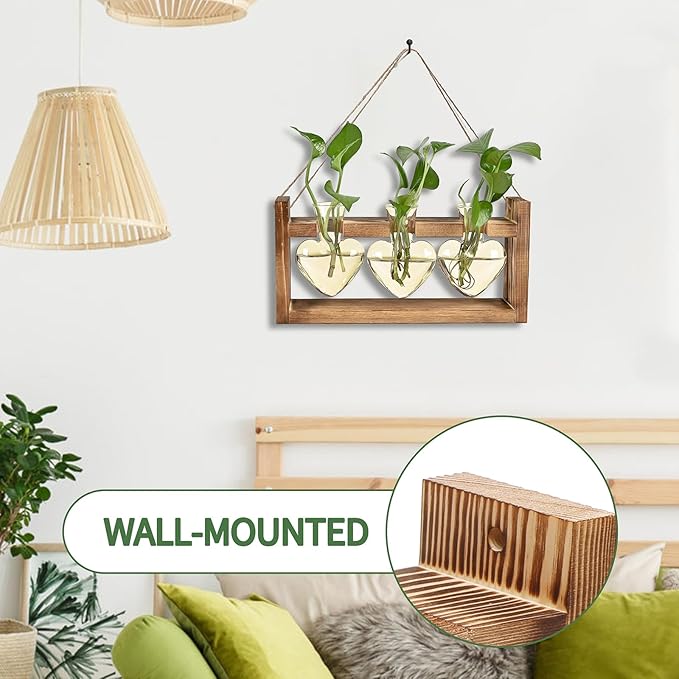 Plant Terrarium Propagation Stations Hydroponics Home Garden Decoration Gift for Women with Wooden Stand Heart Shaped Colored Glass Vase