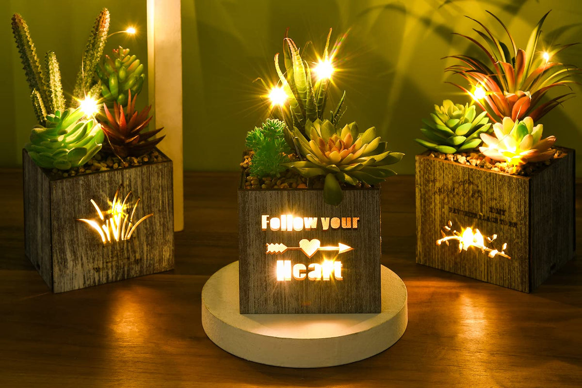 Kinkota Fake Plants Succulent Plants Artificial in Pots with LED Lights