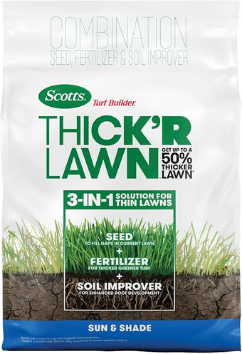 Scotts Turf Builder Thick'R Lawn Sun and Shade, Combination Seed, Fertilizer and Soil Improver, Thickens Thin Grass, 12 lbs.