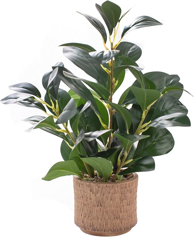 12.6" Fake Plants in Brown Ceramic Vase Real Looking and Touching Evergreen Ficus Leaf Faux Plant Indoor for Book Shelf Bathroom Office Desk Kitchen Counter Bedroom Small Space Artificial Plant Decor