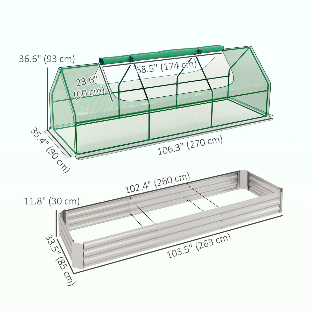 Outsunny 8.6 x 3 x 1ft Metal Planter Box with Mini Greenhouse, Green/Silver