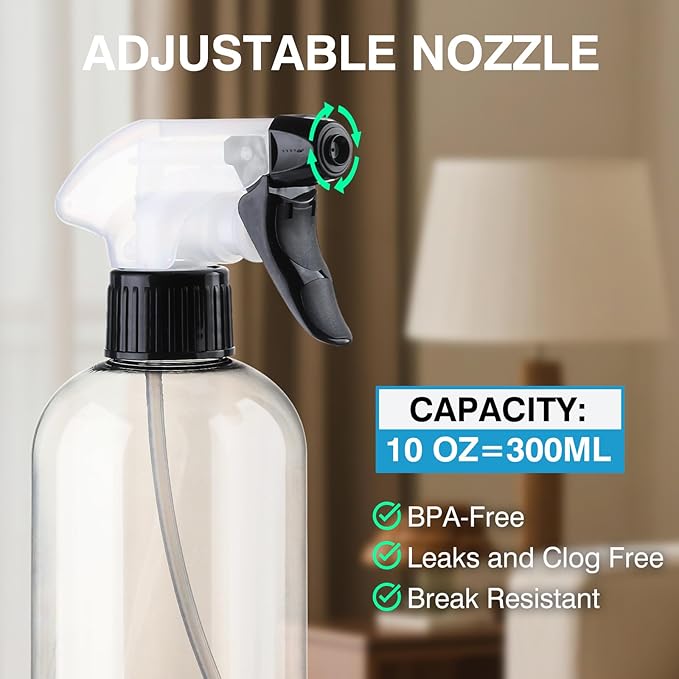 Spray Bottles BPA free Plastic Spray Bottle 10oz/300ml Adjustable Sprayer Empty Refillable Container Mist Stream for Watering Plants, Pet Training, Kitchen Cleaning
