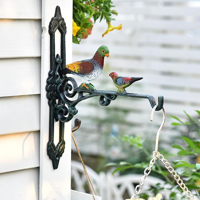 Sungmor Cast Iron Hanging Plant Bracket, 2 Pack Heavy Duty Hanging Basket Brackets, 10" Deep Outdoor Wall Plant Hangers, Decorative Garden Hooks for Flower Basket Bird Feeder Wind Chime Solar Light