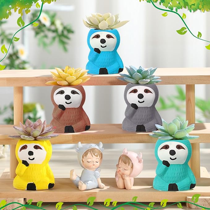 Pasimy 6 Set Ceramics to Paint DIY Ceramic Succulent Planter Pots Paint Your Own Flower Pots Craft Kit Unpainted Bisque Flowerpot with Brush Palette for Family Activity Holiday Gifts(Sloth)