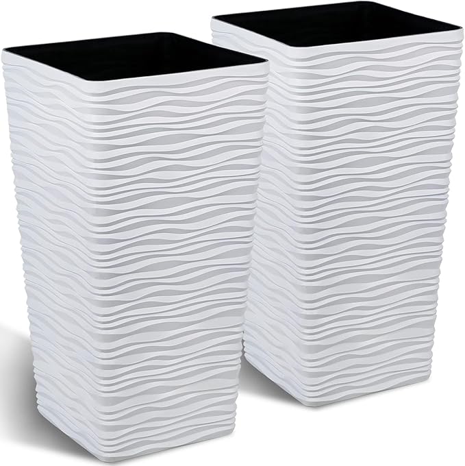 Worth Garden 22" Tall Planters Set of 2 - Plastic White Square Plant Pots - Modern Big Tapered Matte Wavy Tree Flower Pot for Indoor Outdoor Porch Deck