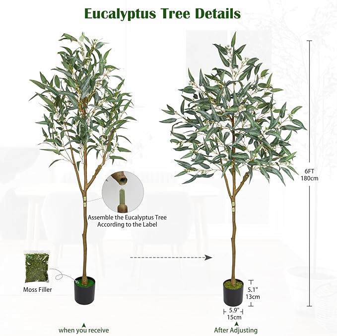 Briful 6ft Artificial Eucalyptus Tree in Black Pot, Realistic Silk Potted Floor Plant Eucalyptus Plant for Home Decor Indoor Outdoor Patio Office, Green Leaf