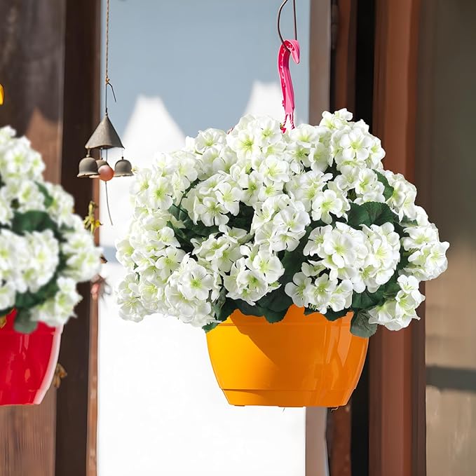 Hananona Artificial Geranium Flowers for Outdoors Geranium Silk Flowers Outdoor UV Resistant Garden Plants Faux Flowers for Home Kitchen Table Centerpieces Decor (12, White)