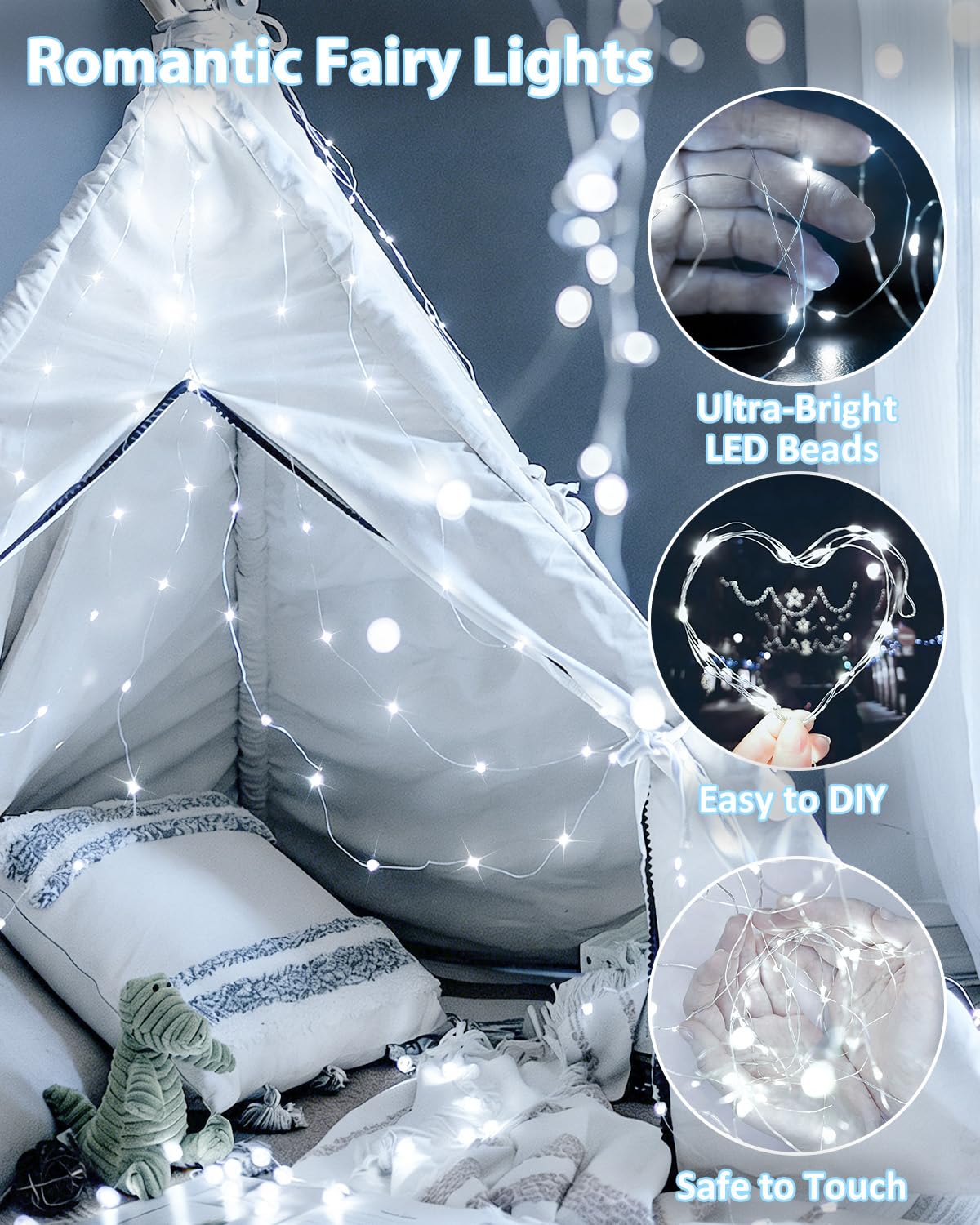 4 Pack 60 LED Fairy Lights Battery Operated with Remote, 20 FT Cool White
