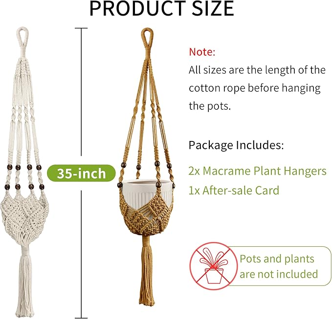 IDEEEPAN Macrame Plant Hanger - Fits 3 to 6 inches Pots for Indoor Outdoor, 35 Inch, Set of 2, Brown (POTS NOT Included)