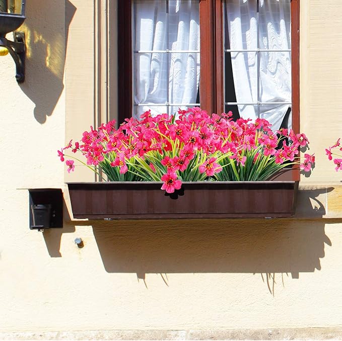 JEMONG 12 Bundles Artificial Flowers Outdoor UV Resistant Fake Flowers No Fade Faux Plastic Plants Garden Porch Window Box Decorating(Rose red)