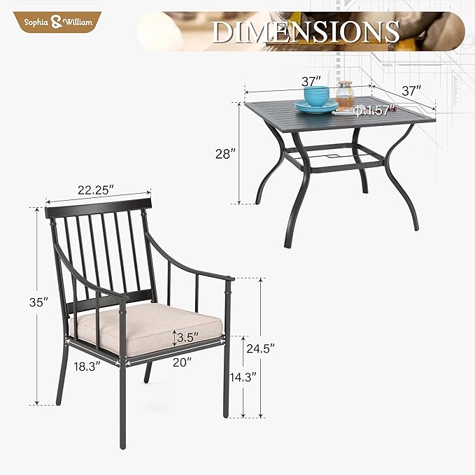 Sophia & William Patio Furniture Outdoor 5 Pieces Dining Set for 4, Metal Patio Table and 4 Chairs, Patio Conversation Set with Seat Cushions and Umbrella Hole for Porch Yard Balcony
