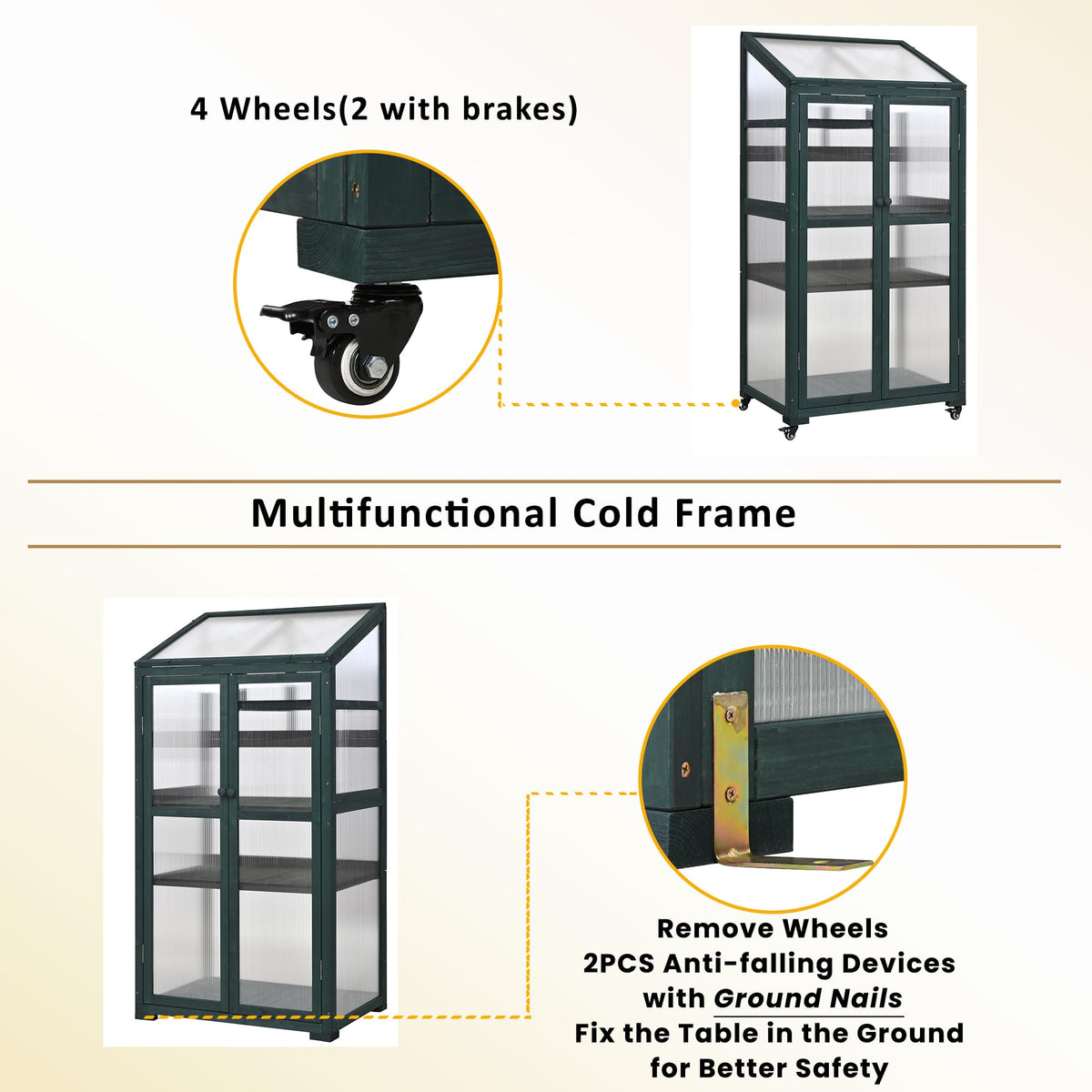 62" Wooden Greenhouse with Wheels - Adjustable Shelves Portable Cold Frame for Balcony/Patio, UV-Resistant Indoor Outdoor Plant Growing Cabinet (Large, Heavy-Duty) (Green)