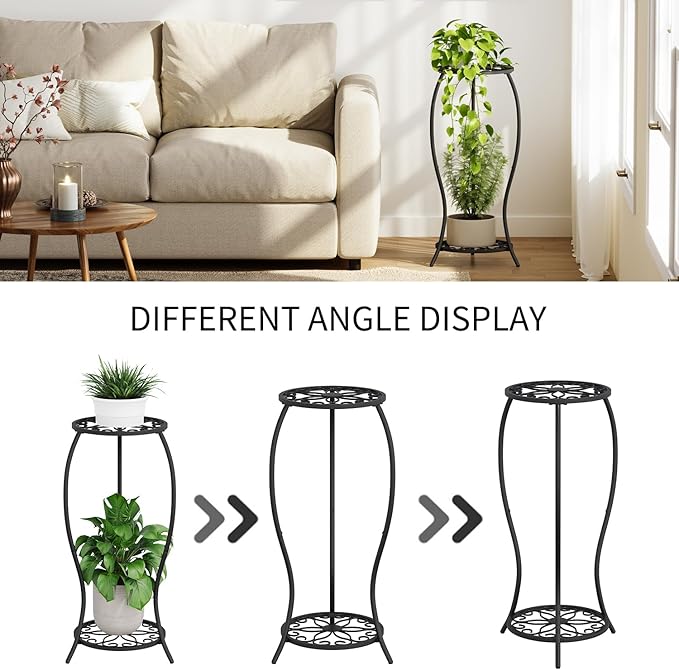 Plant Stand Indoor Outdoor, 2 Tier Metal Potted Holder Stand, Flower Pot Stand, Heavy Duty Plant Supports Rack, Corner Plant Shelf Rustproof for Planter Garden Balcony Patio Living Room (Black, 2 Tier)