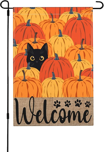 Fall Pumpkin Welcome Garden Flag 12x18 Inch Black Cat Double Sided Autumn Decor Thanksgiving Holiday Yard Flags Outdoor Decorations
