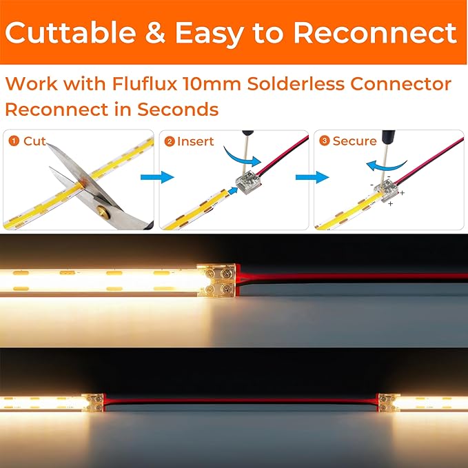 FluFlux COB LED Strip Lights 4000K, 24Volt Premium Diffused Tape Light with Strong 3M VHB Adhesive, CRI 95, UL Listed, Dimmable, 5W/FT for Accent, Ambient Lighting (Power Supply Not Included)