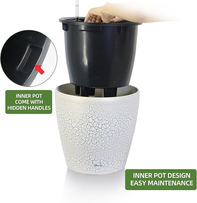 Dexceder 18x17 Self Watering Planter with Wheels Indoor Outdoor, Inner Pot Design, Thickened Large Floor Standing Flower Plant Pot with Water Level Indicator (White Gold Crackle)
