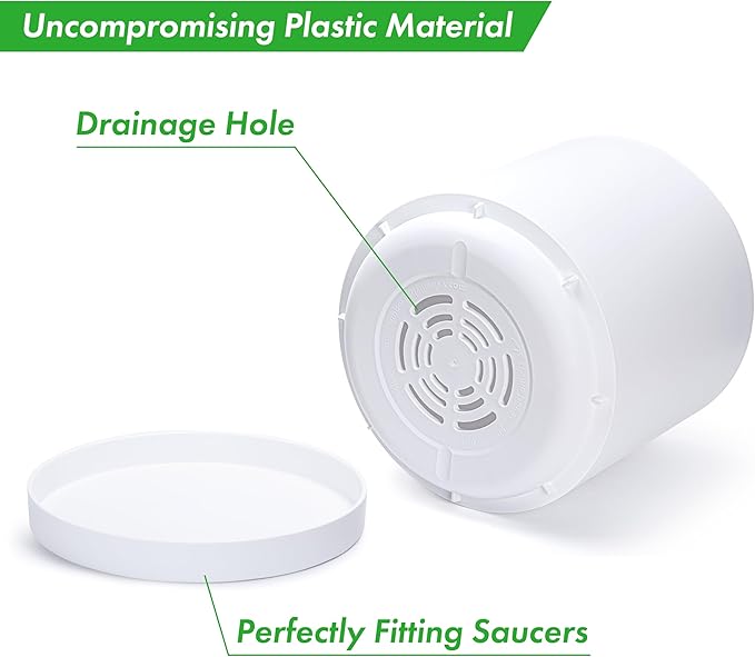 D'vine Dev 16 Inch White Plastic Planter Pots for Plant Pot with Drainage Hole and Seamless Saucers, 74-X-A-5