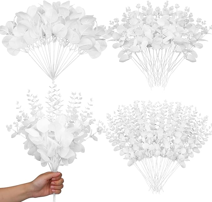 Giegxin 90 Pcs 3 Kinds Mixed Eucalyptus Leaves Stems Bulk Artificial Silver Dollar Leaves Picks Dried Eucalyptus Bundle Faux Spray for Wedding Vase Bouquet Floral Arrangement (White)