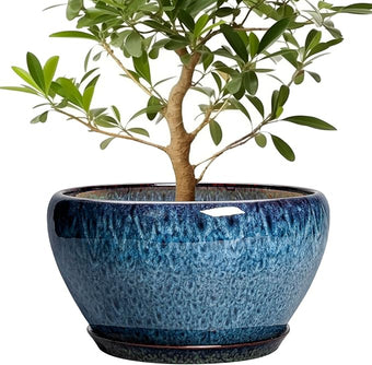 Ceramic Plant Pots 13 Inch - Indoor Planter with Drainage Hole and Saucer, Decorative Large Planter for Indoor Outdoor Plants, Ceramic Flower Pots, Gifts for Plant Lovers, House Decor, Blue