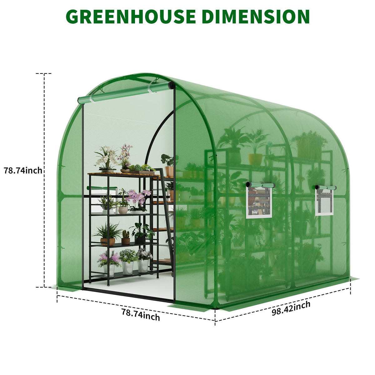 Patikuin Large Walk-in Tunnel Greenhouse, Heavy Duty Galvanized Steel Frame, Mesh Door & Windows, Roll-Up Zipper Door, UV-Protected PE Cover for Garden Plants, Green