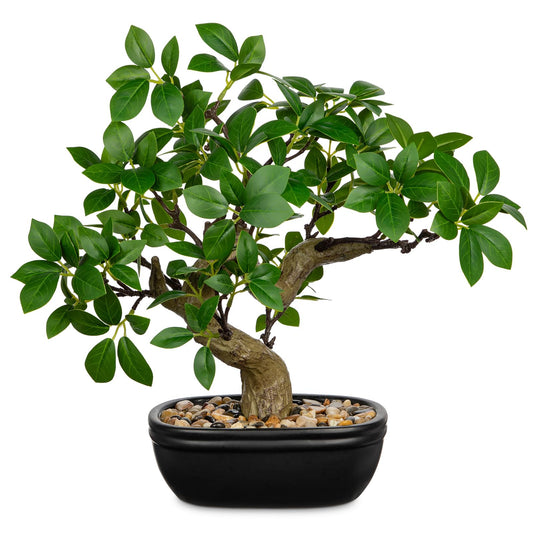 Artificial Bonsai Tree 12.9 Inch Faux Ficus Plant in Ceramic Pot with Pebbles Fake Green Potted Plant for Home Office Desk Decor Indoor Zen Table Centerpiece, Small Artificial Plants for Living Room