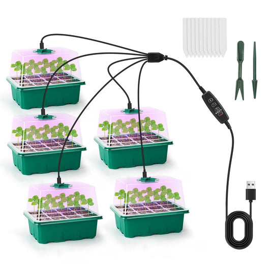 Zorpupoa 5 Packs Seed Starter Tray, Seed Starter Kit with Grow Light Humidity Dome Germination Kit 5-Level Brightness 4 Timers Mini Propagator for Indoor Greenhouse Seeds Growing Starting